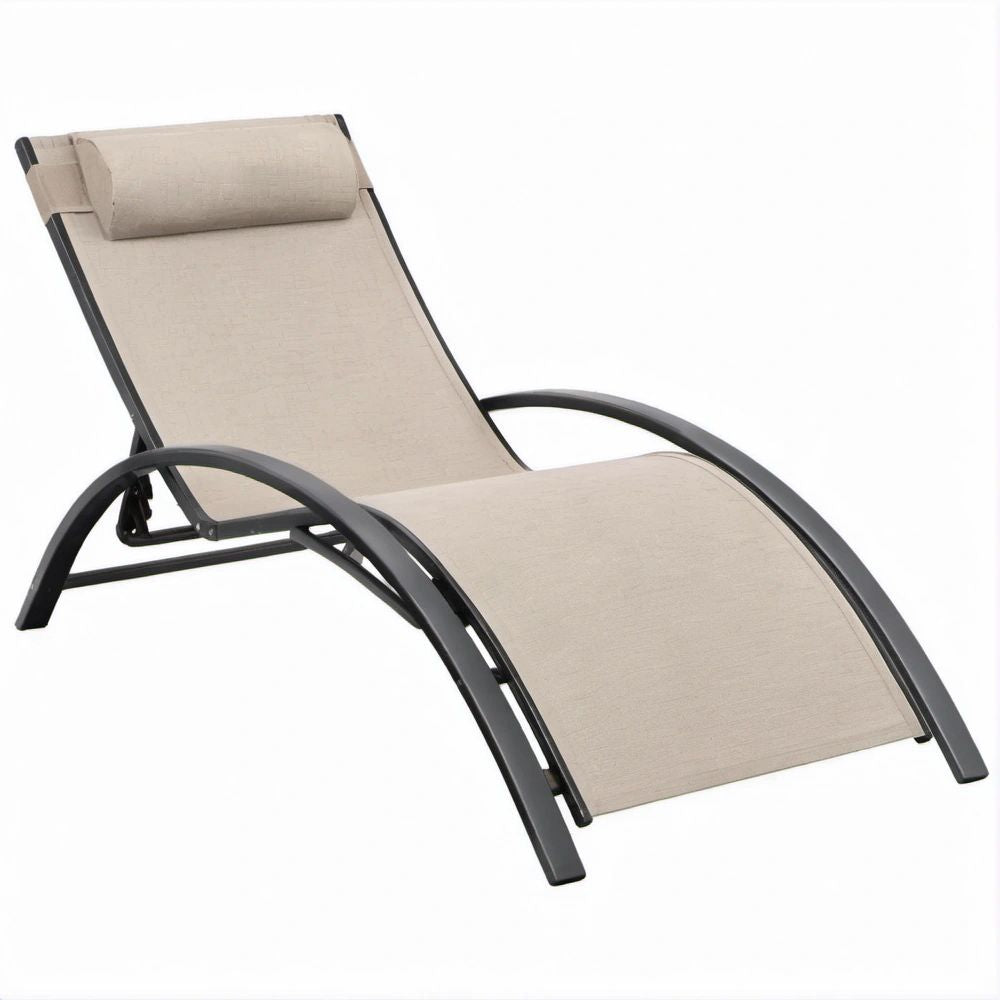 Verstellbare geschwungene Gartenliege mit Kopfstütze, Beige/Schwarz, 160 x 60 x 80 cm