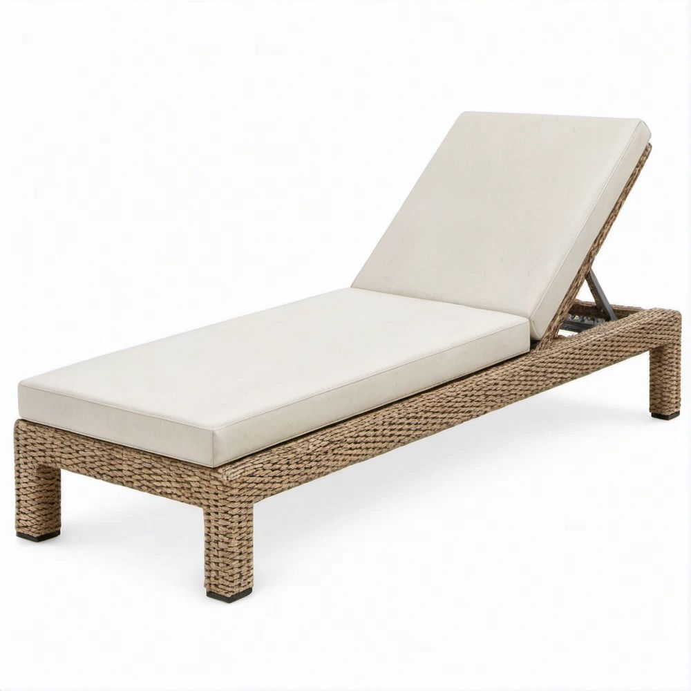 Gartenliege aus Naturbraunem PE-Rattan mit Cremeweisser Auflage, verstellbar, 200 x 70 x 33 cm
