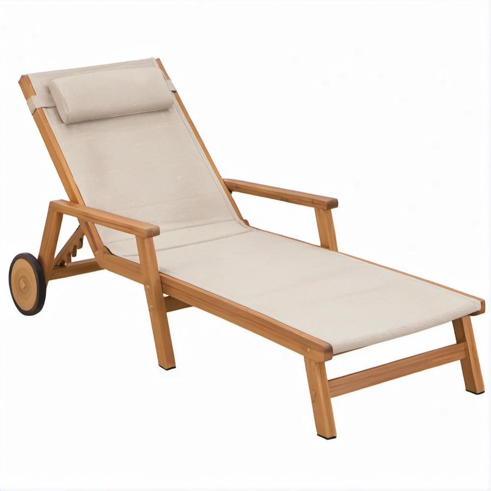 Verstellbare Gartenliege aus Akazienholz mit beigem Polyesterbezug, Naturholz/Beige/Schwarz, 200 x 70 x 85 cm