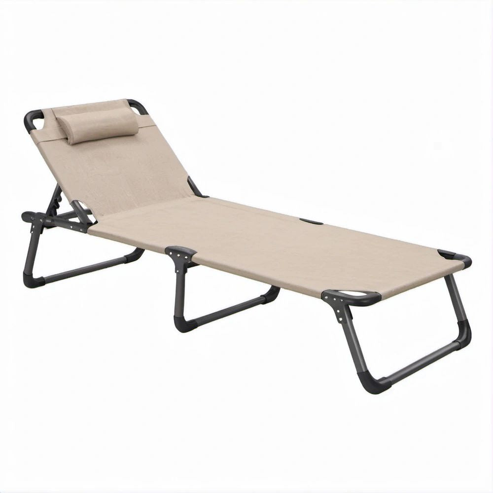 Klappbare Gartenliege Beige/Schwarz mit verstellbarer Rückenlehne und Kopfstütze, 190 x 58 x 30 cm