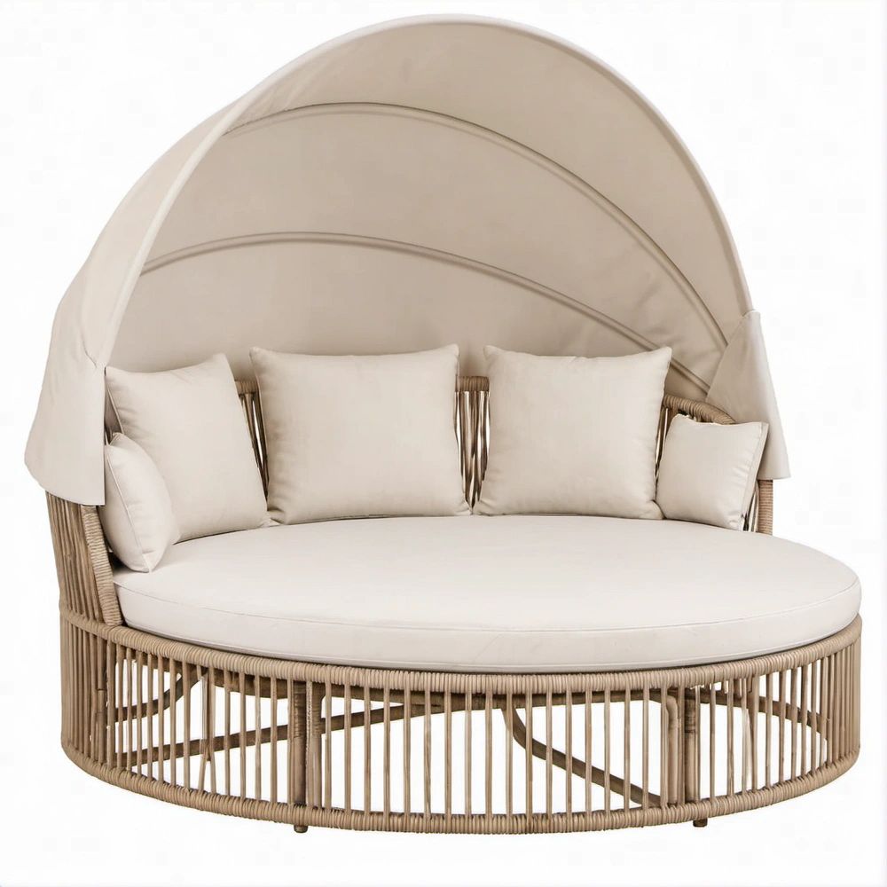 Rundes Garten-Tagesbett mit Sonnendach aus PE-Rattan und Stahl, 180 x 170 cm, Naturbeige/Cremebeige