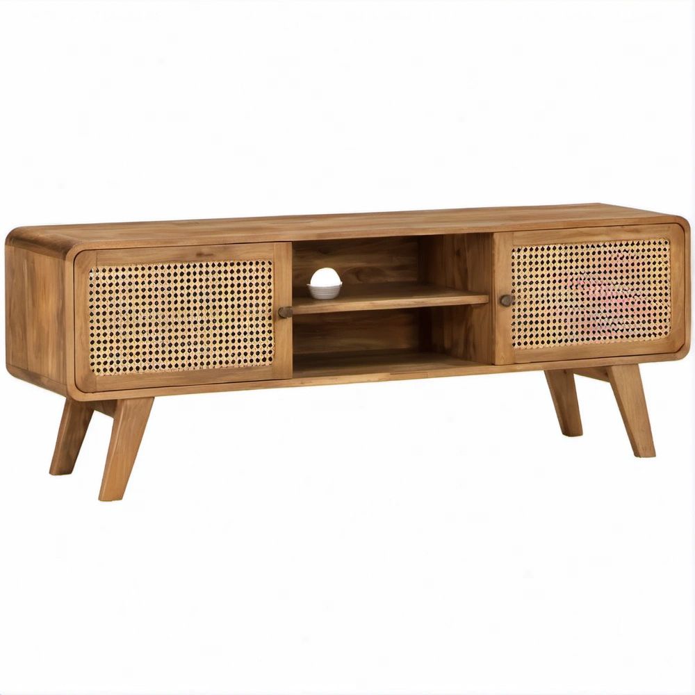 TV-Lowboard aus Akazien-Massivholz mit Rattangeflecht, Naturbraun/Naturbeige, 140 x 40 x 50 cm