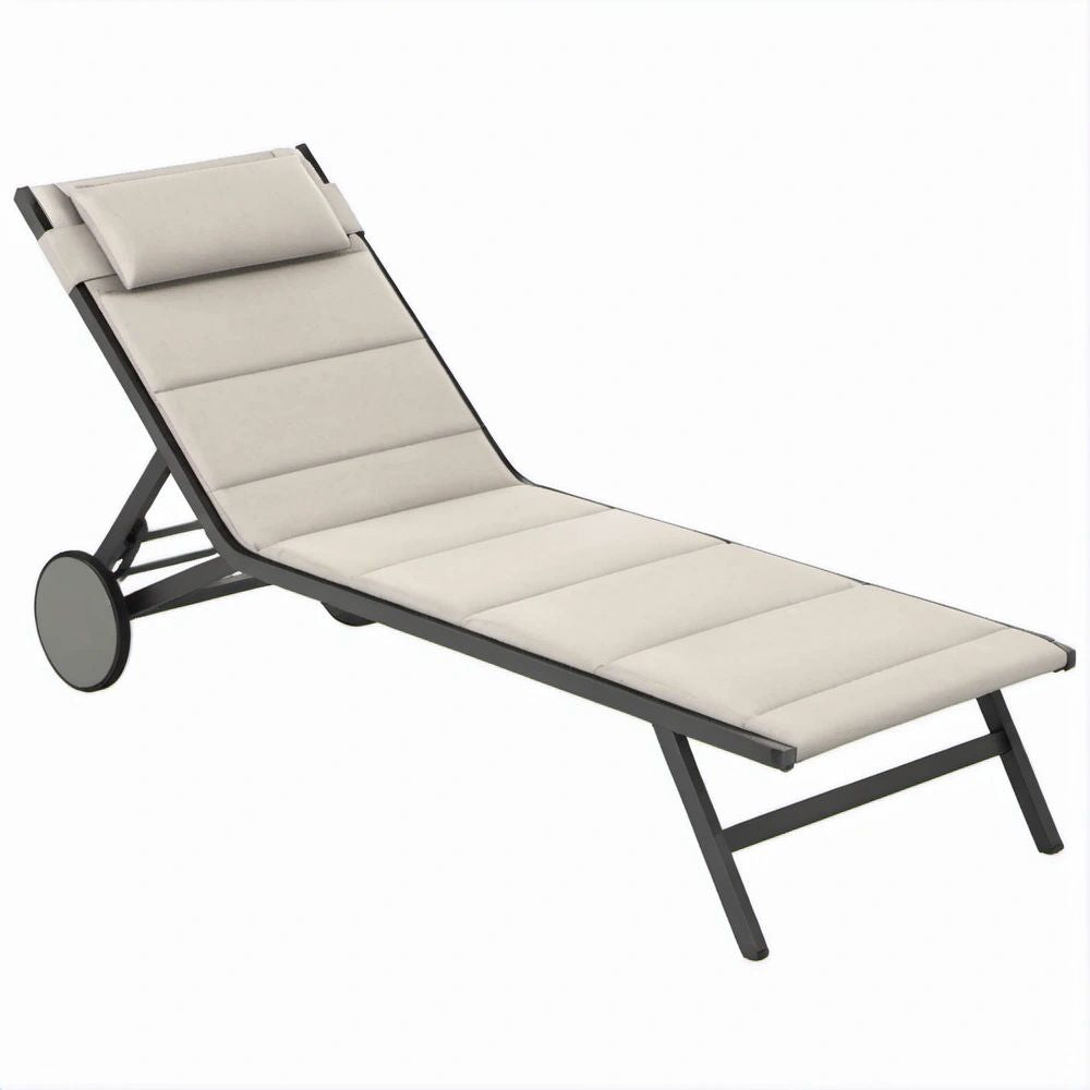 Verstellbare Gartenliege mit Rollen und Kopfkissen, Beige/Schwarz/Grau, 200 x 65 x 35 cm