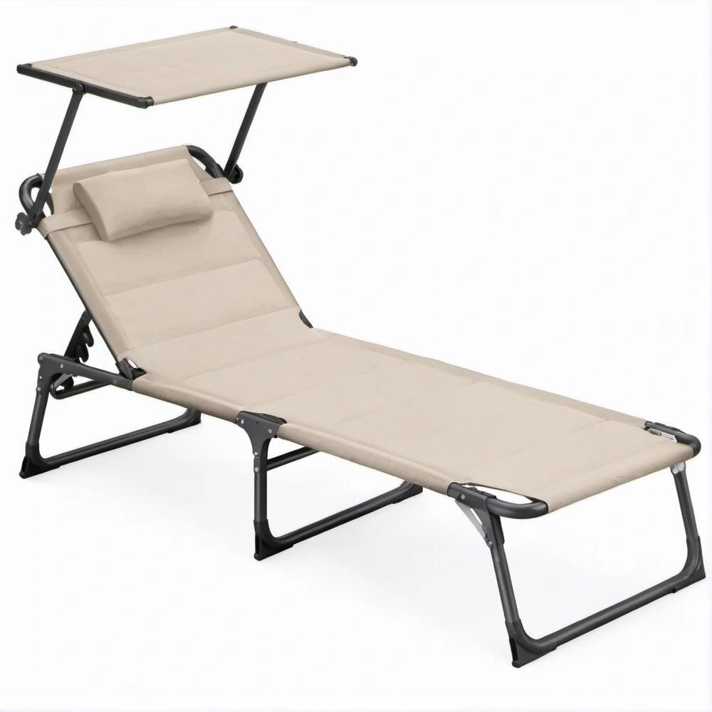Klappbare Sonnenliege mit Sonnendach und Kopfkissen, Beige/Schwarz, 188 × 58 × 27 cm
