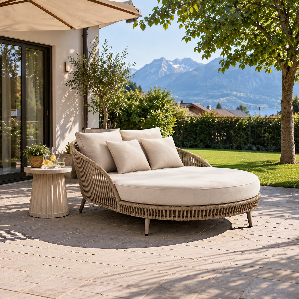 Runde Doppel-Gartenliege Beige/Grau mit PE-Seilgeflecht und Kissen, 165 x 150 x 78 cm