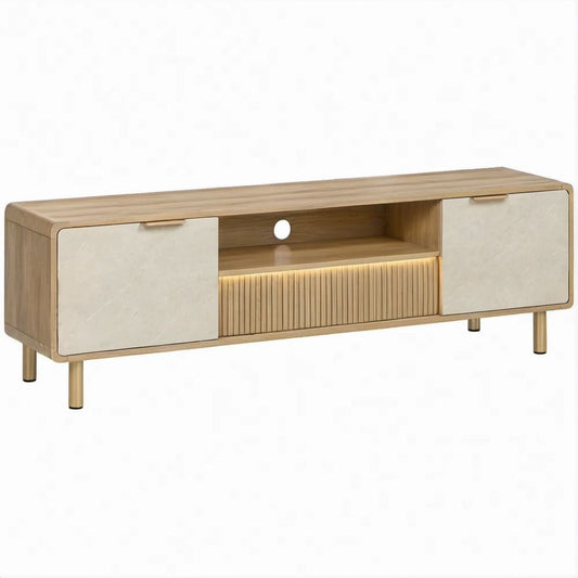 TV-Lowboard in heller Eichenoptik, Creme und Gold, 180 x 40 x 55 cm