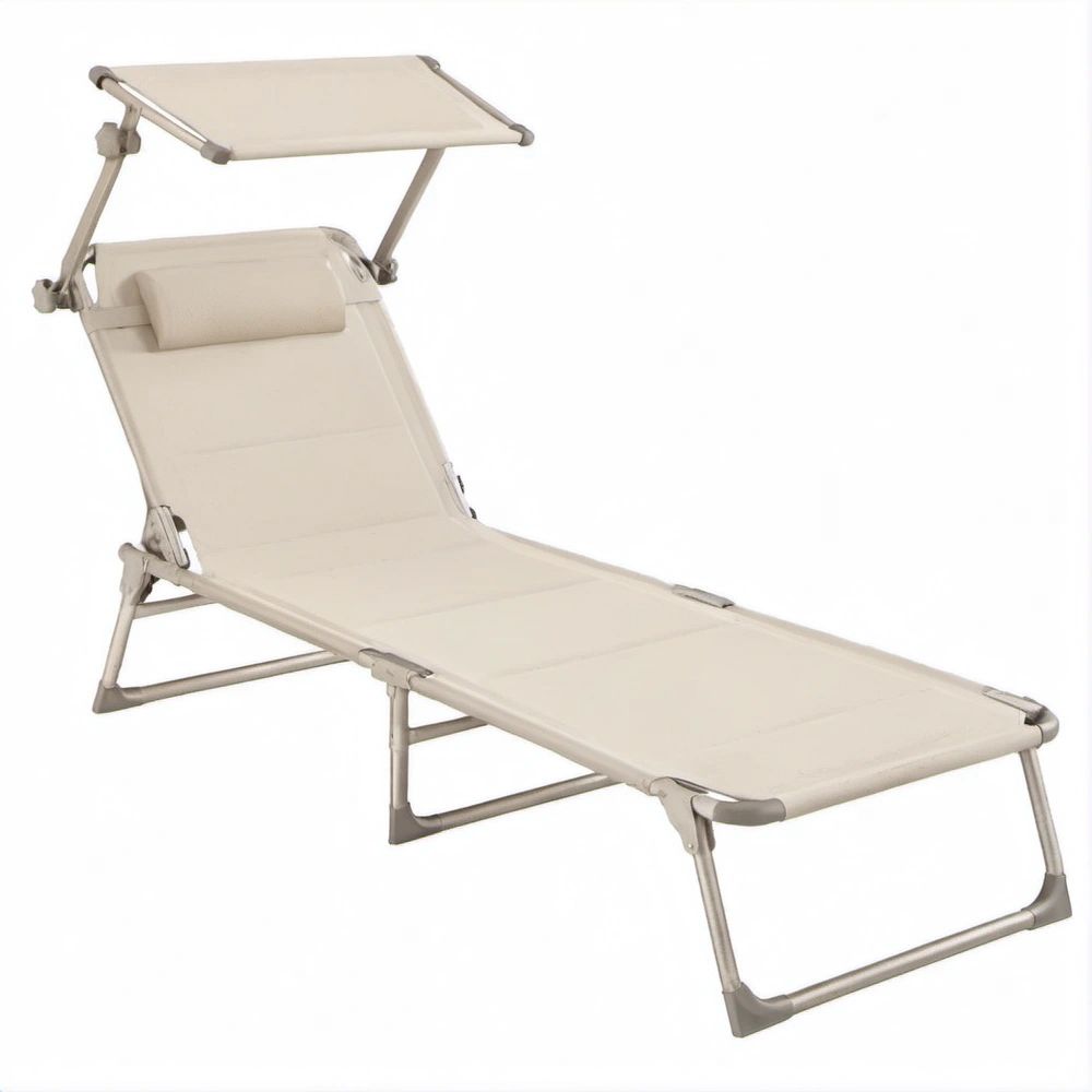 Verstellbare klappbare Sonnenliege mit Sonnendach und Kopfstütze, Beige, 189 x 56 x 29 cm
