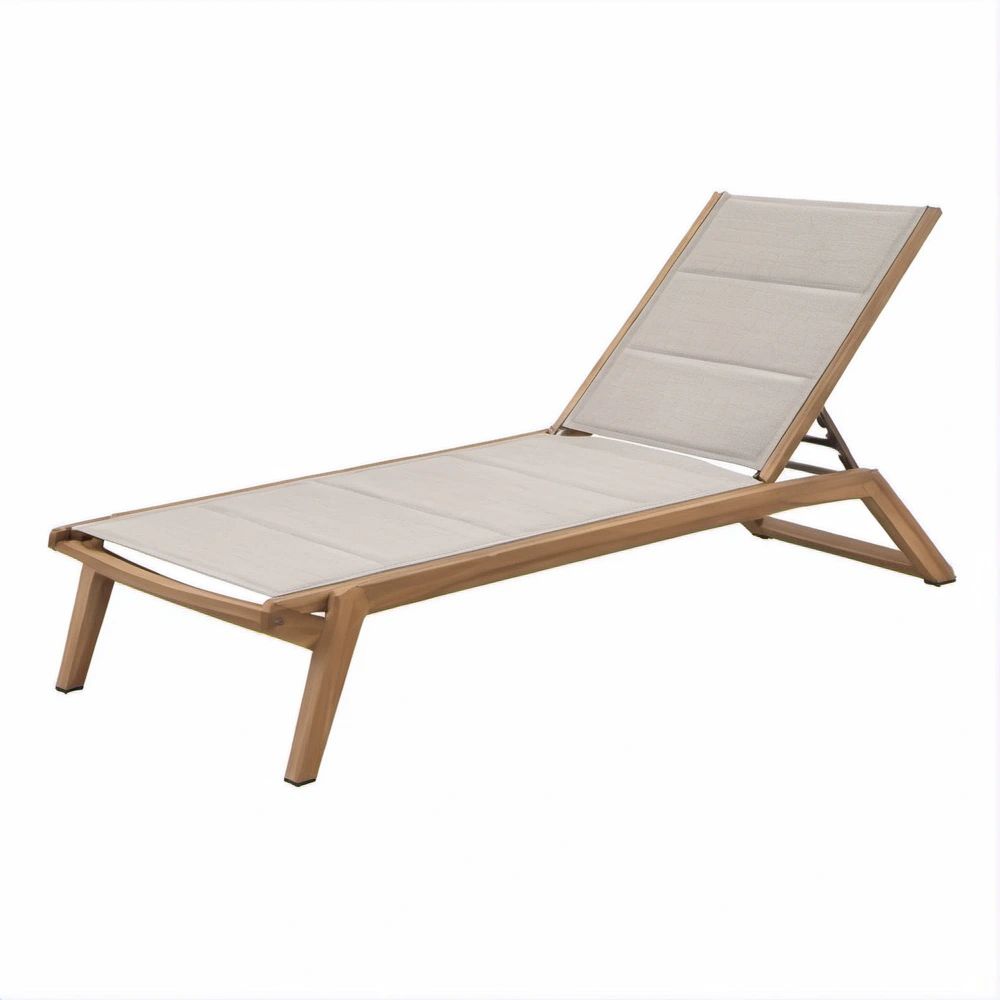 Verstellbare Gartenliege aus Akazienholz und Textilene, Braun/Creme, 200 x 66 x 34 cm