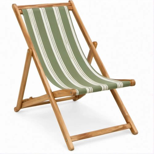 Klappbarer Liegestuhl aus massivem Buchenholz mit grün-weisser Baumwollbespannung, 98 × 58 × 90 cm