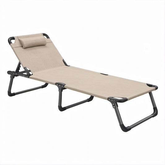 Klappbare Gartenliege Beige/Schwarz mit verstellbarer Rückenlehne und Kopfstütze, 190 x 58 x 30 cm