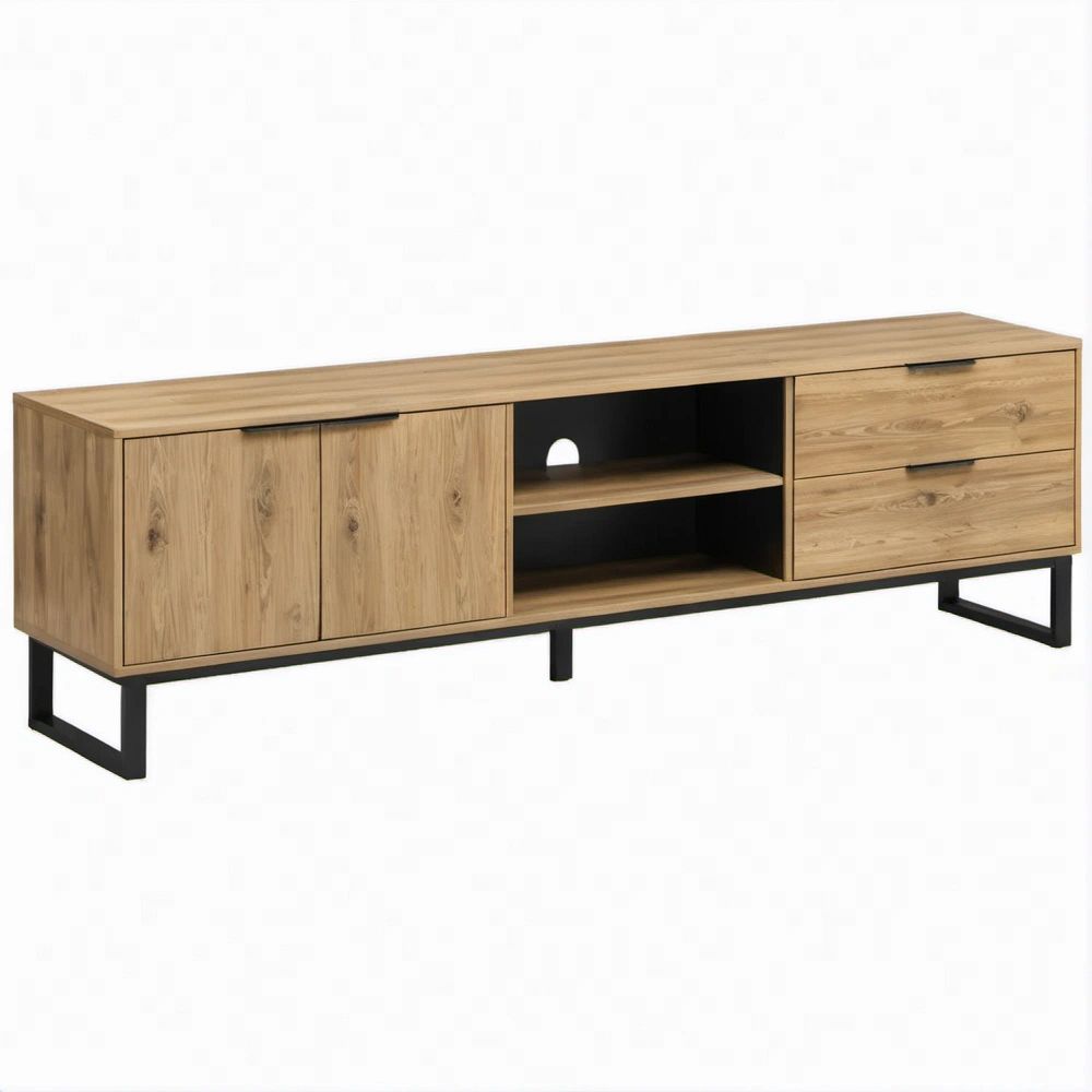 TV-Lowboard aus Eiche-Dekor und schwarzem Stahl, 180 x 40 x 55 cm