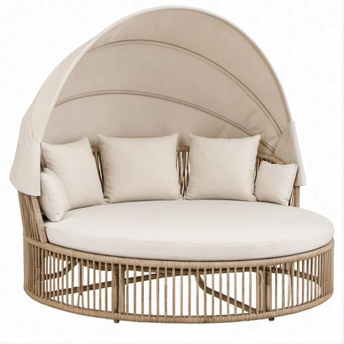 Rundes Garten-Tagesbett mit Sonnendach aus PE-Rattan und Stahl, 180 x 170 cm, Naturbeige/Cremebeige