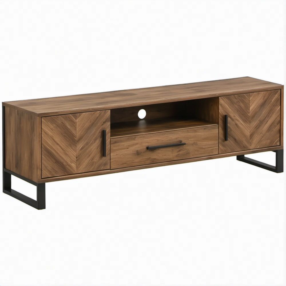 TV-Lowboard aus MDF und Stahl, Walnussbraun/Schwarz, 180 x 40 x 55 cm