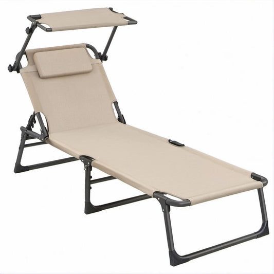 Verstellbare Gartenliege mit Sonnendach und Kopfkissen, Beige/Anthrazit, 188 x 58 x 30 cm