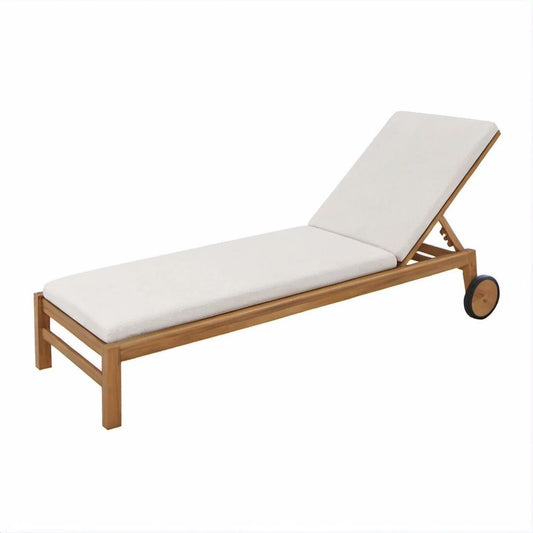 Verstellbare Gartenliege aus Akazienholz mit Rollen und cremeweissen Auflagen, 200 x 70 x 30 cm