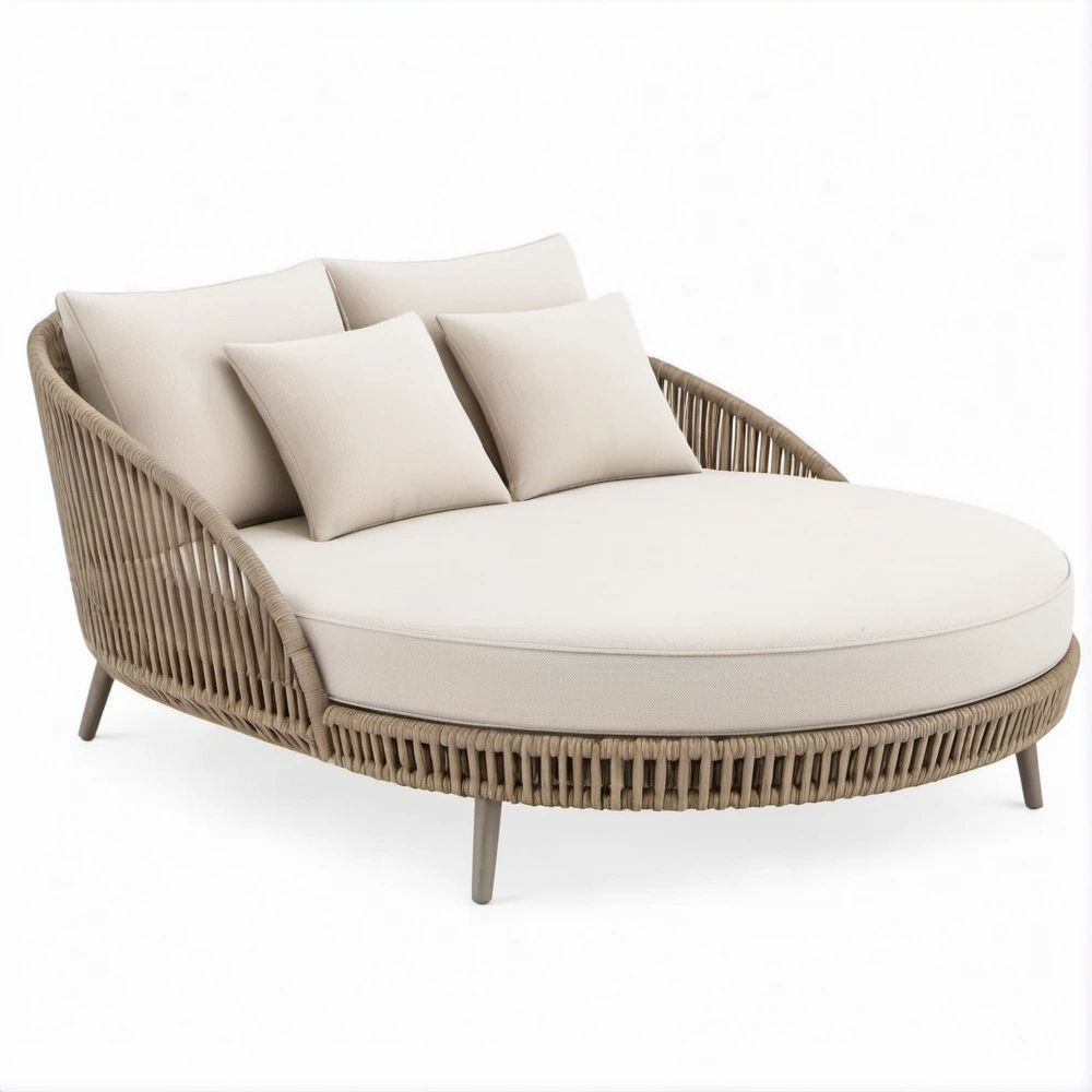 Runde Doppel-Gartenliege Beige/Grau mit PE-Seilgeflecht und Kissen, 165 x 150 x 78 cm