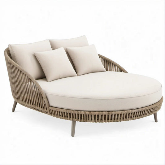 Runde Doppel-Gartenliege Beige/Grau mit PE-Seilgeflecht und Kissen, 165 x 150 x 78 cm
